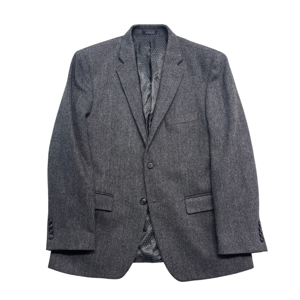 Adolfo 40S Gray Black Herringbone Tweed Lambswool Blazer Jacket Sport Suit Coat